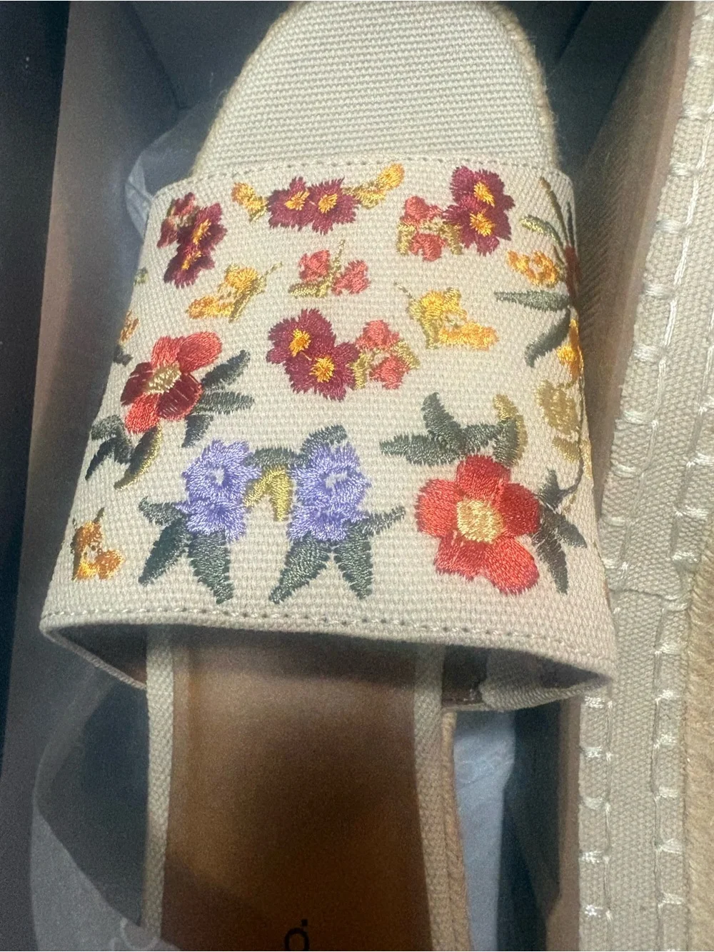 Woven Espadrille Platform Slip-On with Floral Embroidery - Cream
